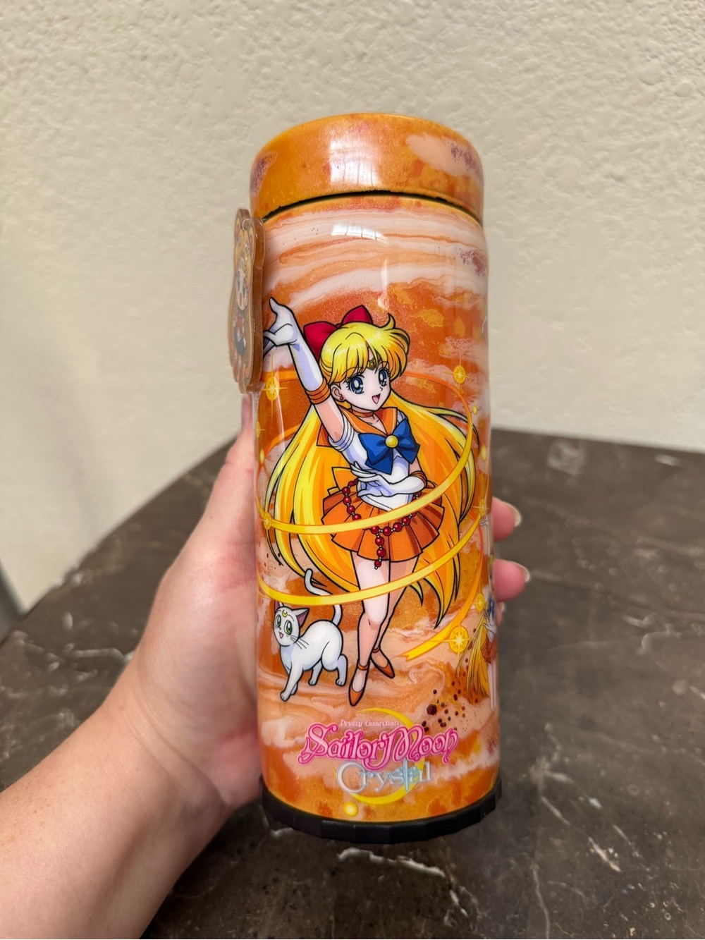 Sailor Moon Anime Orange Swirl Glitter 12 oz Skinny Can Cooler Handmade